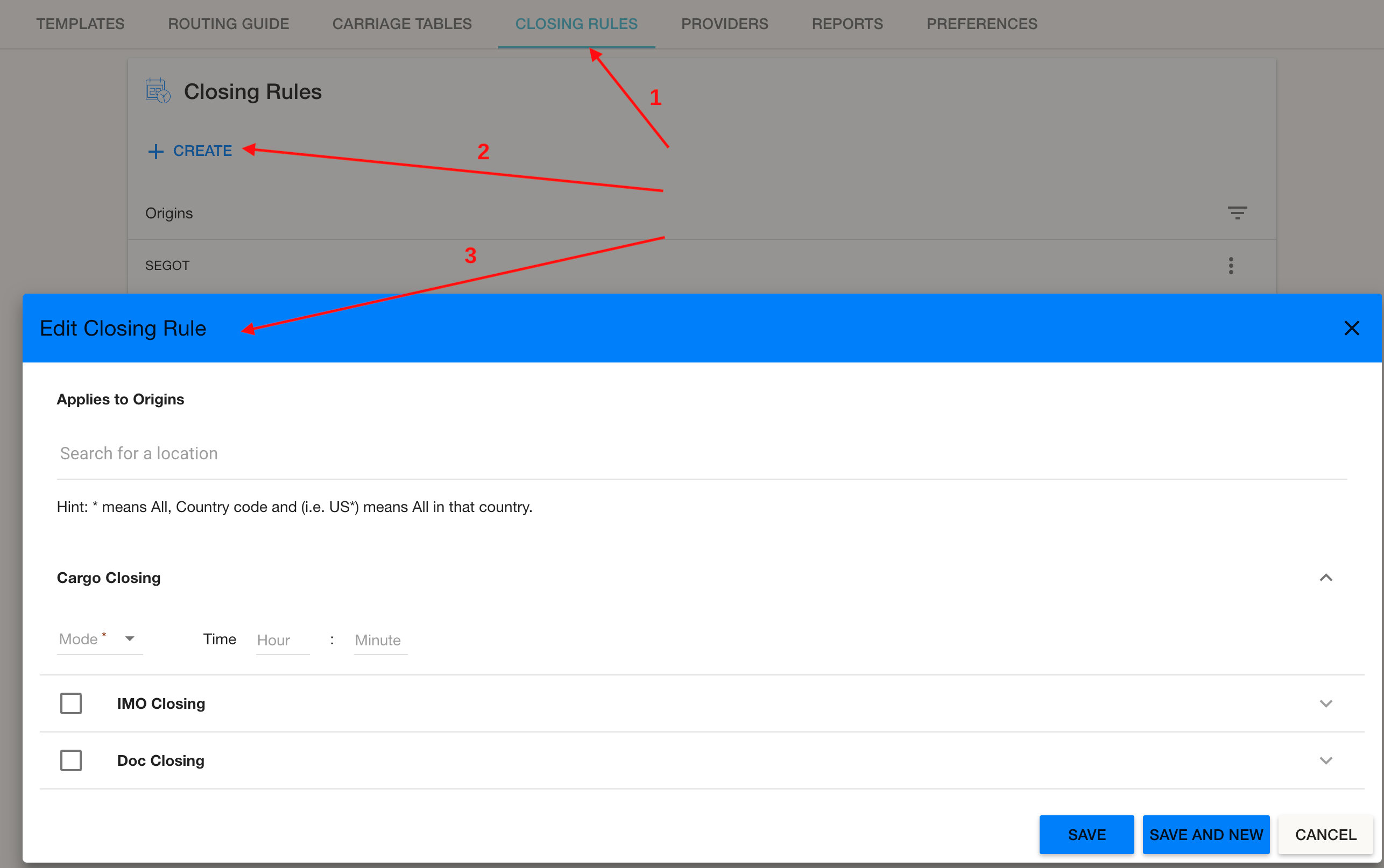 Closing Rules Interface